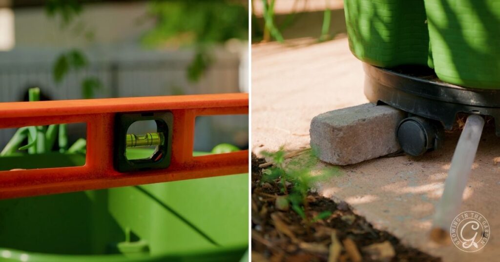 Close-up of a spirit level on a green container (left) and a green container elevated on a brick with a hose attached (right), demonstrating helpful greenstalk gardening tips for hot climates.
