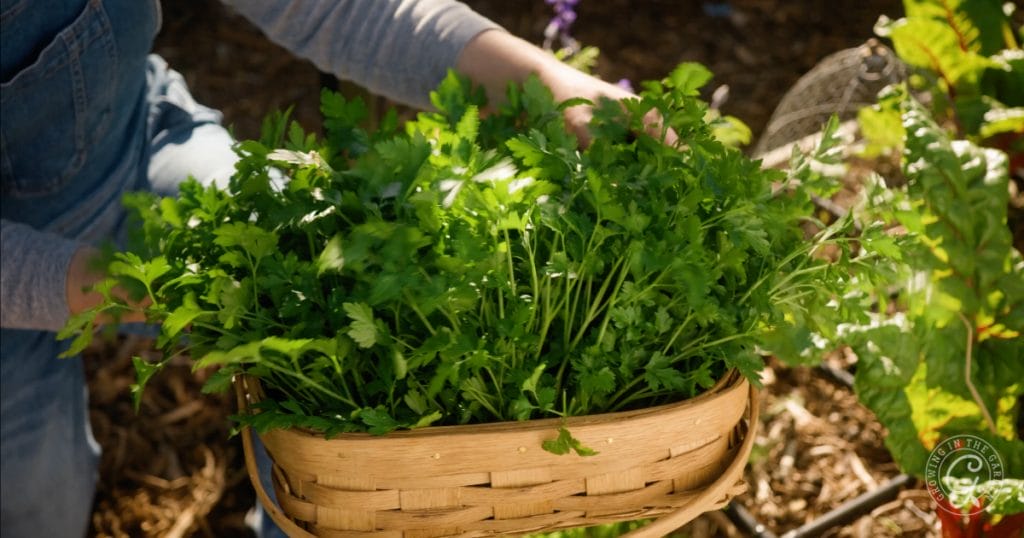 A person harvesting fresh green parsley, placing it into a woven basket outdoors in a garden—a rewarding moment for anyone learning how to grow parsley.