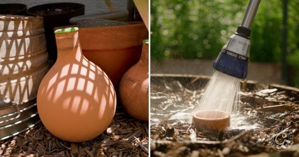 Left: Clay pots in sunlight during a hot climate summer. Right: Watering a buried pot in soil with a garden hose nozzle in the garden.