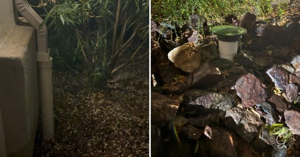 Gutters feed into PVC lines to direct rainwater runoff