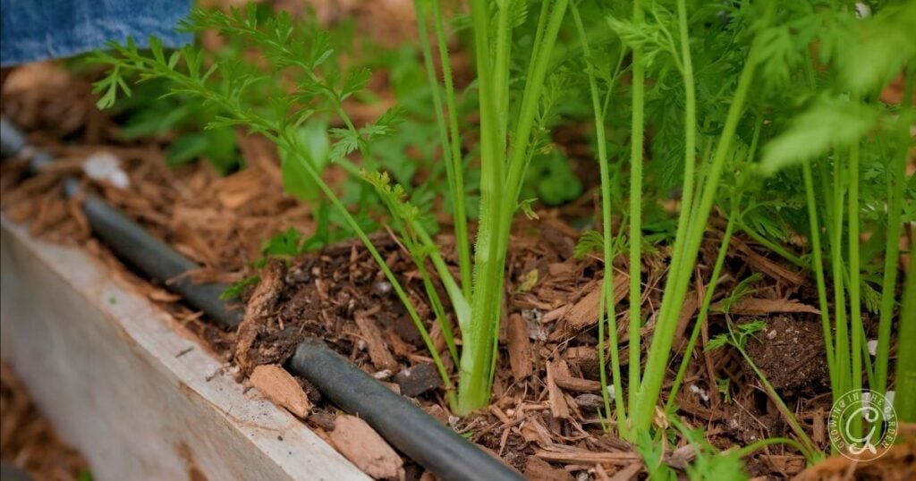 Close-up of carrot plants, some showing signs of bolting carrots, growing in a raised garden bed with mulch and a drip irrigation hose visible on the soil surface.