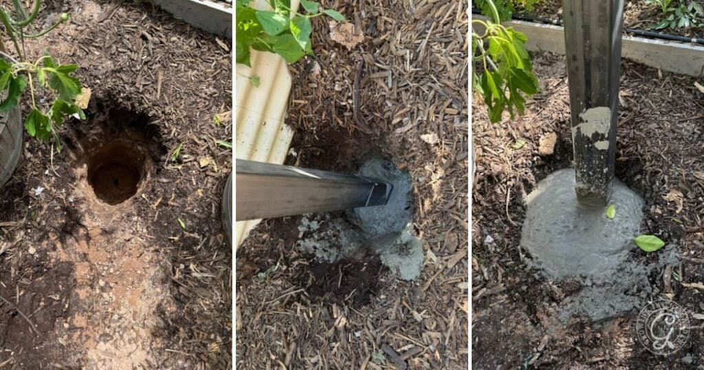 Three-step process: a hole in soil, a post set in concrete, and the post secured with dried concrete—perfect for a sturdy garden shade cloth setup.