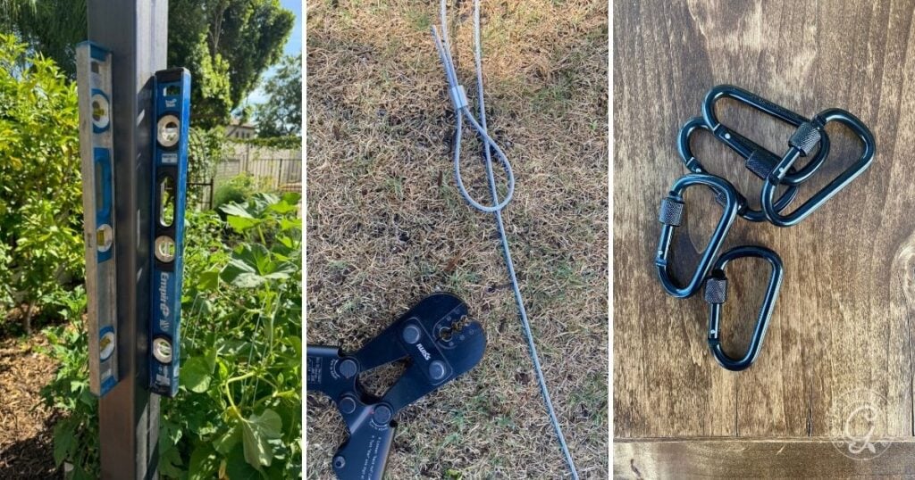 Collage of a level on a post, wire cutters with cable, and four black carabiners on a wooden surface—essential tools for an efficient garden shade cloth setup.