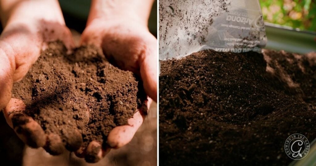 Close-up of hands holding rich, dark soil on the left; on the right, loose soil is poured from a plastic bag into an elevated garden bed—perfect for gardening tips and maximizing small spaces.