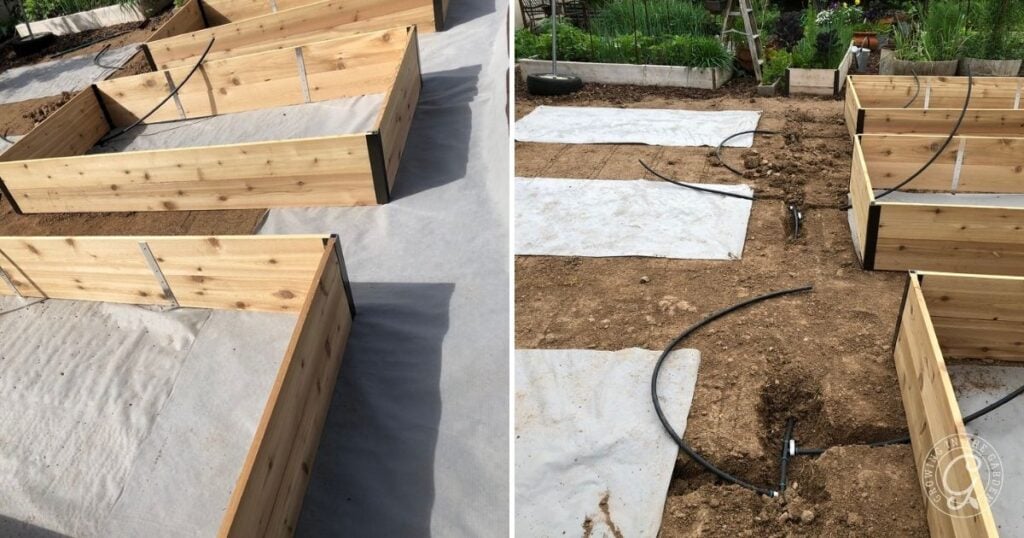 Wooden raised garden beds being assembled on soil with fabric liners and irrigation pipes laid out—an effective method if you’re looking for how to kill Bermuda Grass and prevent it from invading your planting space.