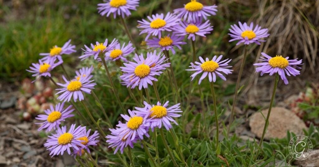 Cluster of purple wildflowers with yellow centers growing among green grass and rocks.