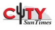 Logo for City Sun Times with the word CITY in red letters, the I replaced by a black cactus—perfect for desert gardening fans like Angela Judd. Sun Times appears below in black, set against a gray mountain silhouette background.