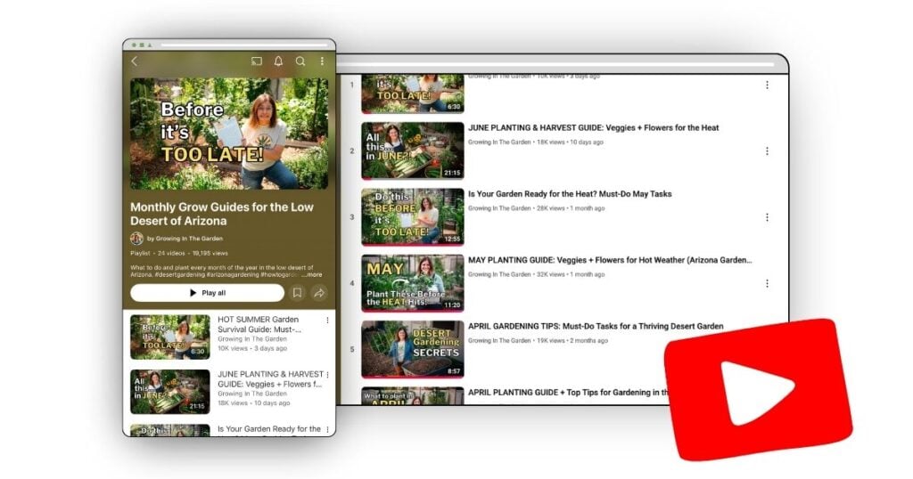 A smartphone and laptop display How to grow your own food gardening YouTube videos, with a large YouTube logo on the right.