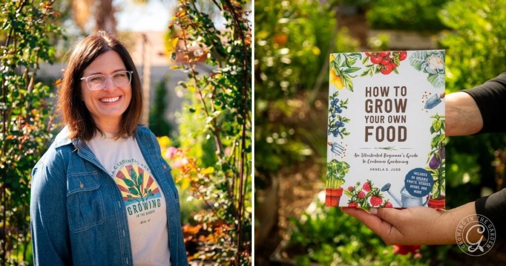 A smiling woman stands in a garden, proudly holding the book How to Grow Your Own Food—perfect for anyone eager to learn how to grow your own food at home.