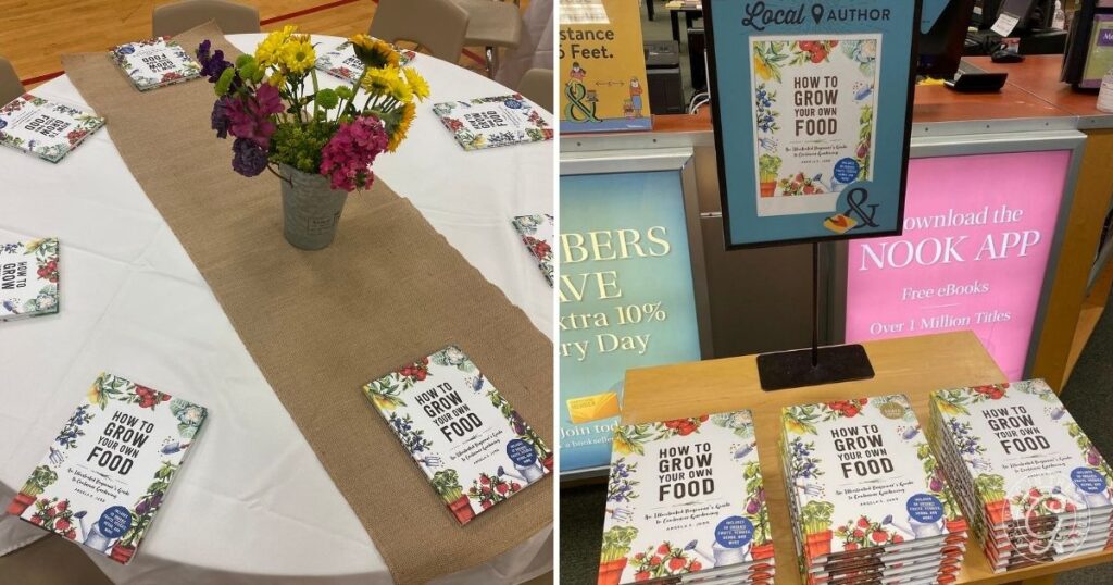 Books titled How to Grow Your Own Food are displayed on a table, surrounded by vibrant flowers and a charming sign, inviting readers to discover practical tips on how to grow your own food at home.