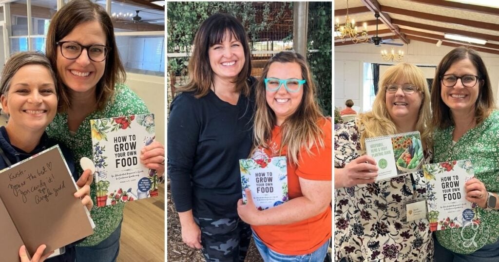 Three photos of smiling women holding How to Grow Your Own Food and posing together indoors and outdoors, showing their excitement about learning how to grow your own food.