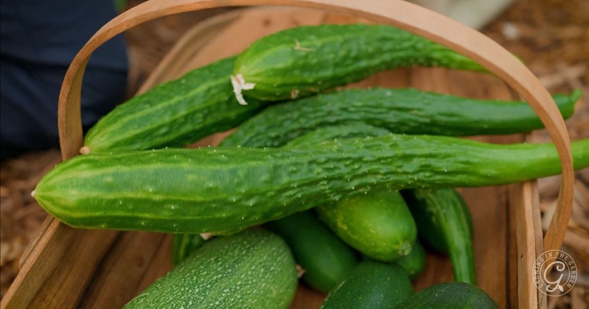 A wooden basket filled with several long, bumpy cucumbers and a few smooth ones.