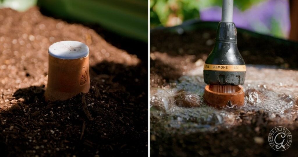 Side-by-side images: left, a small terracotta pot partially buried in soil; right, water from a hose nozzle flows into the buried pot, offering smart gardening tips for watering in small spaces or an elevated garden bed.