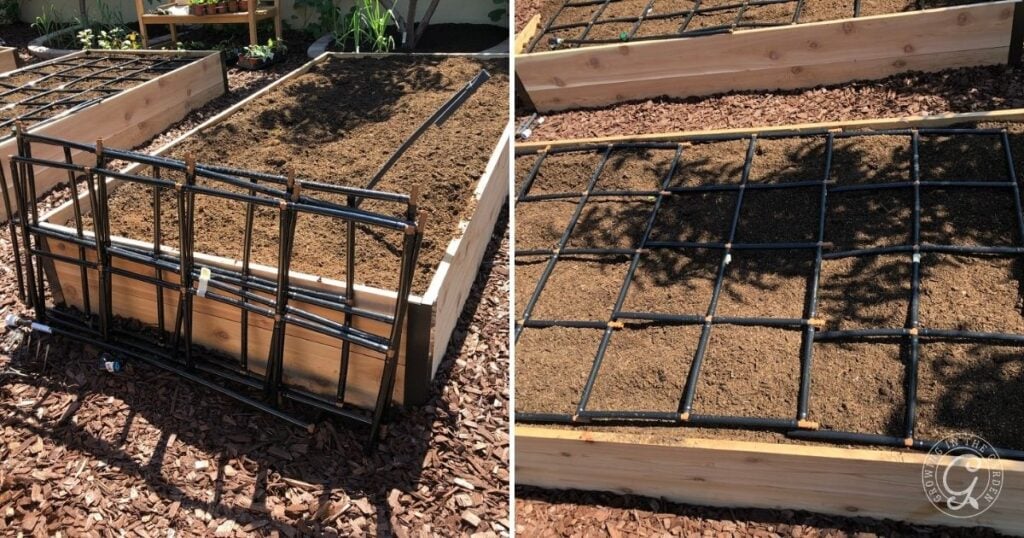 Two garden beds with soil: one features a black grid frame, while the other has a black grid laid on top—an effective setup when exploring how to kill Bermuda Grass.