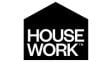 Black house-shaped logo with the words HOUSE WORK in bold white letters in the center, inspired by Angela Judd, expert in desert gardening.