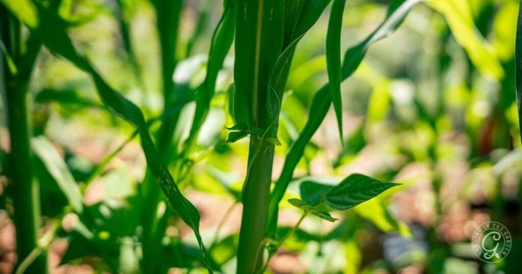Close-up of green corn stalks and leaves thriving in a sunlit three sisters garden in a raised bed, with a softly blurred background.