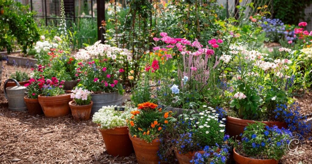 A vibrant garden with colorful flowers in pots and beds, surrounded by mulch and greenery—perfect inspiration if youre curious about how to grow bulbs in containers.