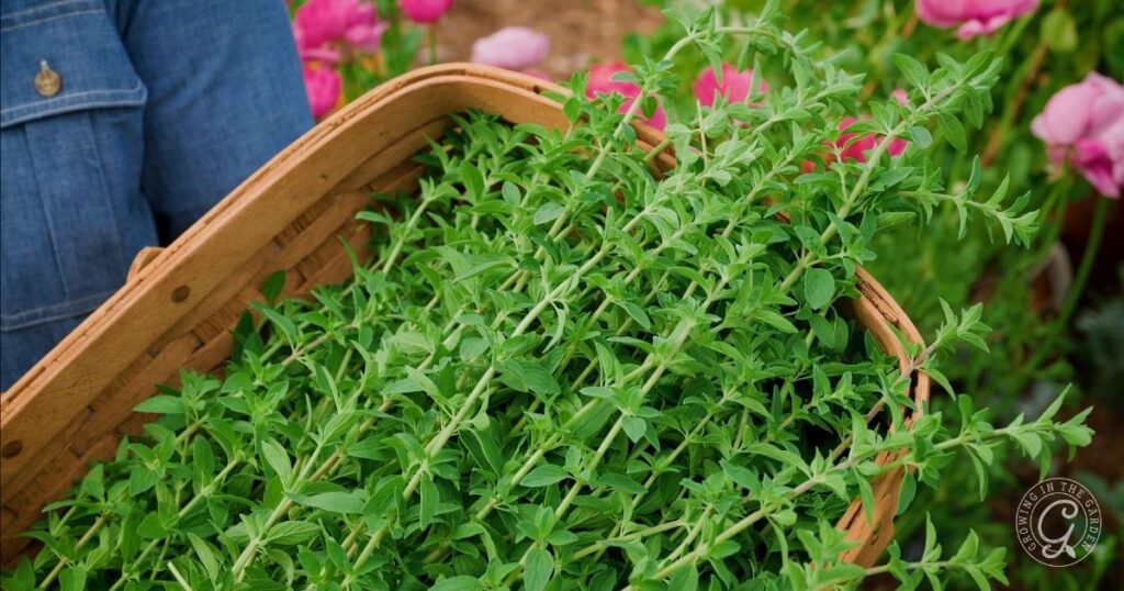 A person holds a large basket filled with freshly harvested oregano sprigs. Pink flowers and green foliage thrive in the background, showcasing a vibrant garden scene and inspiring ideas for how to grow oregano at home.