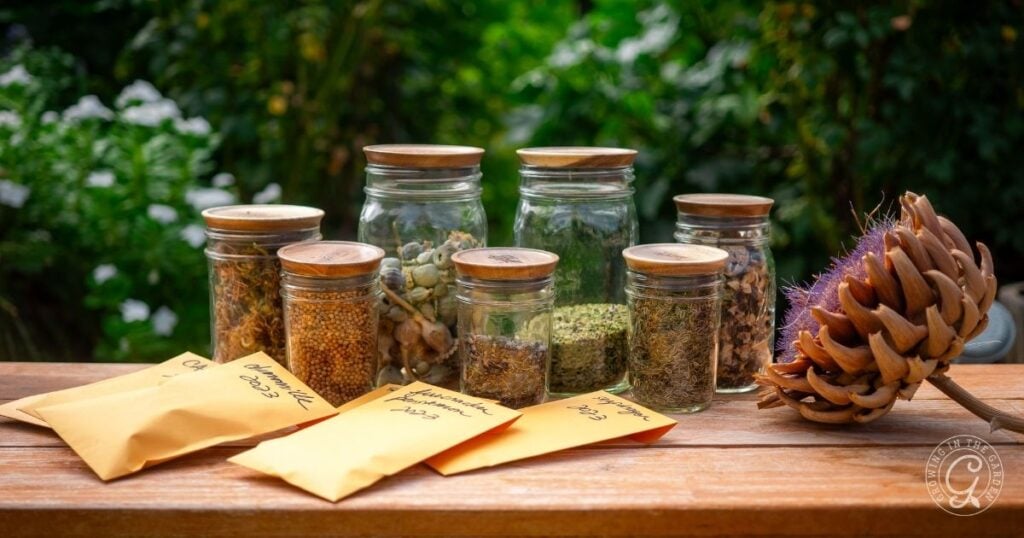 Jars and envelopes of seeds on a wooden table outside, with green plants and flowers in the background—perfect for learning how to save seeds from your own garden.