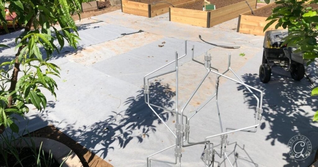 A garden with raised beds, a metal plant stand, tarp-covered ground—a classic scene for anyone learning how to kill Bermuda Grass—plus gardening tools shining in the sunlight.