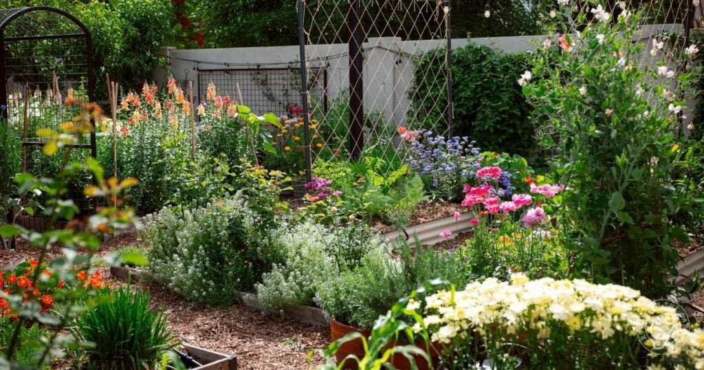 A vibrant backyard garden design with blooming flowers, green plants, and trellises set against a white fence.