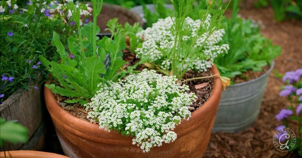 A terra cotta pot filled with blooming white Alyssum flowers and green foliage, placed outdoors among other containers, is a perfect plant for pollinators, enhancing any garden setting with beauty and biodiversity.