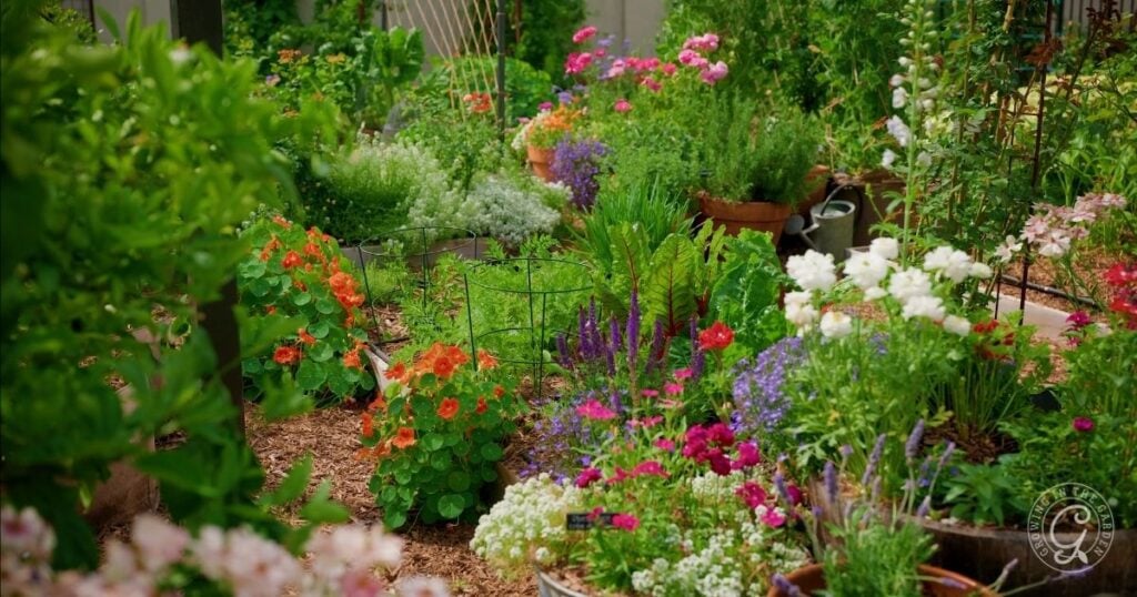 A vibrant garden filled with various colorful flowers and green plants, designed to create insectary border and plant for pollinators, with mulch covering the ground and pots and planters arranged throughout the lush, blooming space.