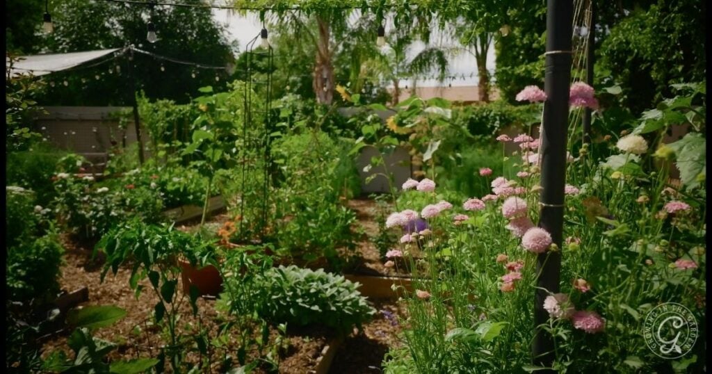 A lush vegetable and flower garden with raised beds, green plants, and blooming pink and white flowers. Trees and string lights are visible in the background—perfect to create an insectary border and plant for pollinators on a sunny day.