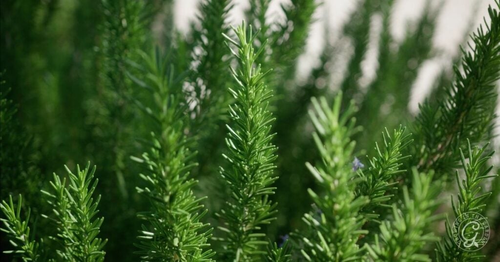 Close-up of vibrant green rosemary sprigs growing outdoors in the Sonoran Desert, with narrow needle-like leaves and sunlight highlighting the texture of this perennial for pollinators.