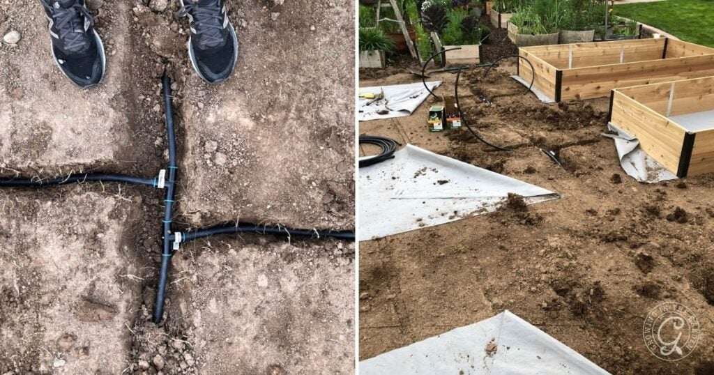 Left: Close-up of irrigation tubing in soil. Right: How to kill Bermuda Grass and install garden beds with a new irrigation system in dirt.