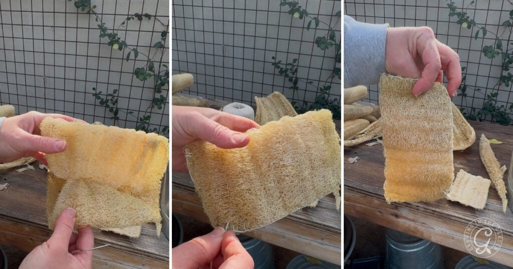 Steps of making a loofah sponge by sowing ends.