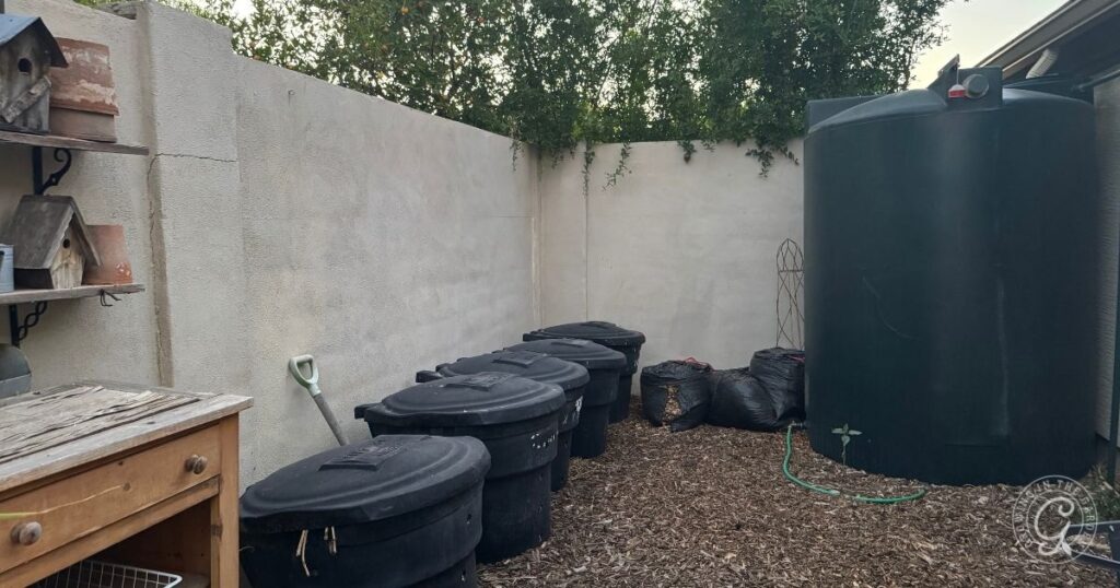 Five black trash bins and a large water tank stand in a walled outdoor area with woodchip ground, offering practical elements for a functional backyard garden design.