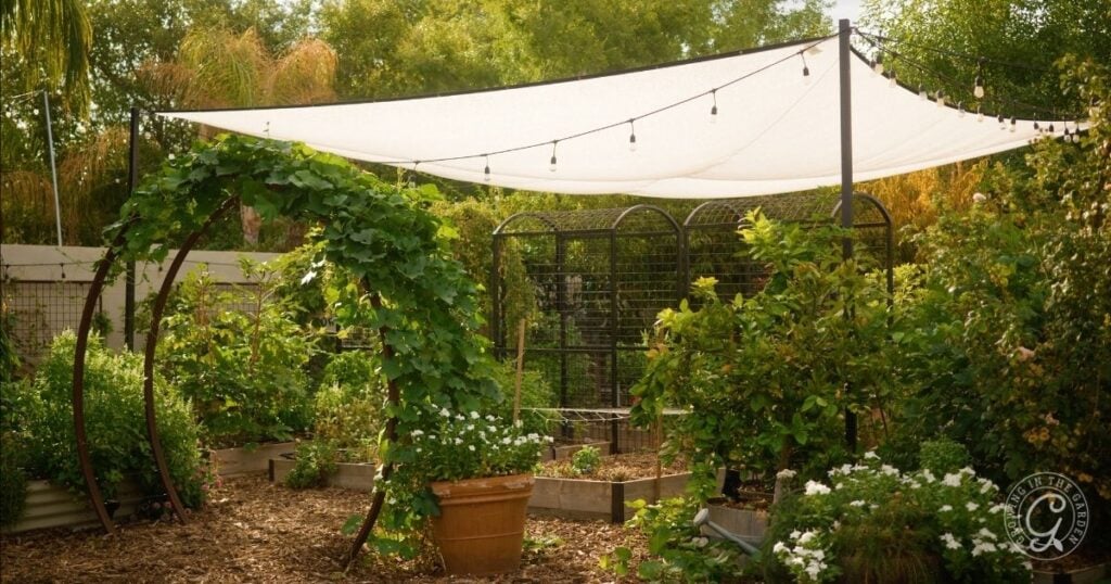 A lush garden with raised beds and a trellis archway covered in greenery. A white shade cloth gracefully stretches over part of the area, showcasing why adding shade can create a soothing retreat. String lights dangle below, illuminating potted plants and surrounding trees.