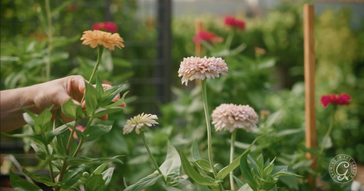 A hand reaches toward blooming zinnias—flowers that love hot summers—in a garden, surrounded by green foliage and wooden stakes, with a blurred background.