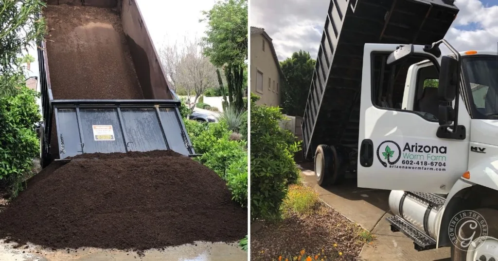 A dump truck delivers a large pile of soil on a driveway near shrubs and trees—perfect for anyone learning how to fill raised garden beds.