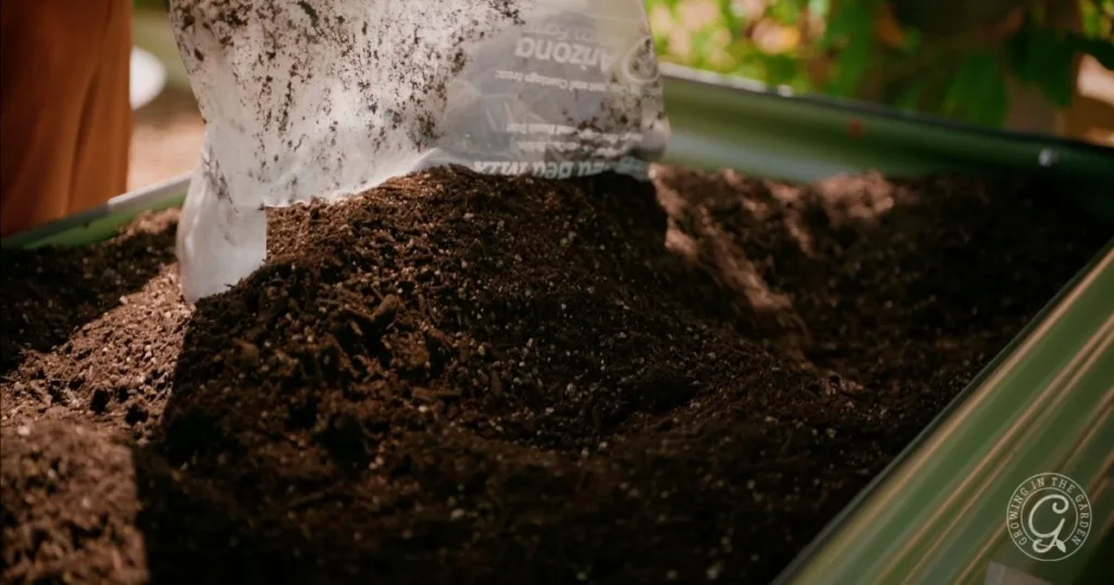 A bag of soil is being poured into a raised garden bed outdoors, illustrating how to fill raised garden beds for healthy plant growth.