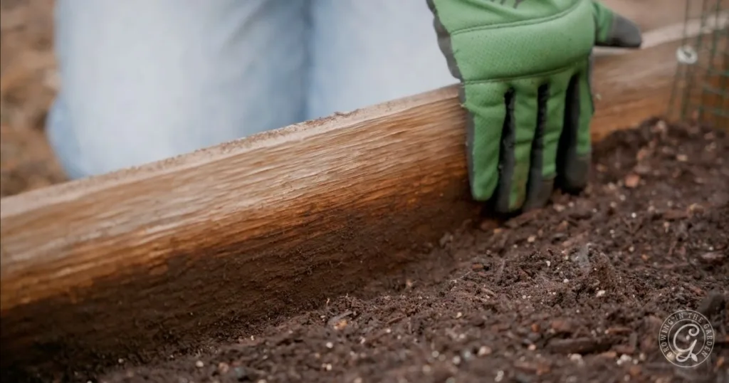 Gloved hand holding a wooden plank against soil in a garden bed, illustrating how to fill raised garden beds efficiently.