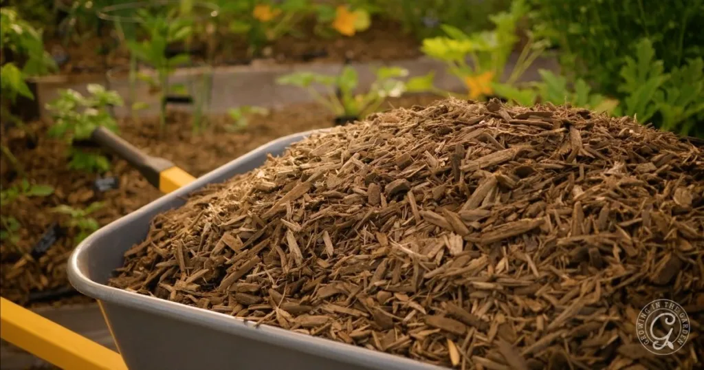 A wheelbarrow filled with wood chips in a garden, surrounded by green plants and soil beds—perfect for learning how to fill raised garden beds efficiently.