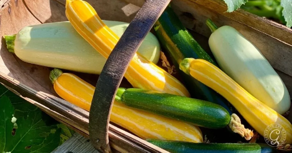A basket filled with yellow, green, and pale squash and zucchinis outdoors—a perfect harvest for anyone learning how to grow summer squash.