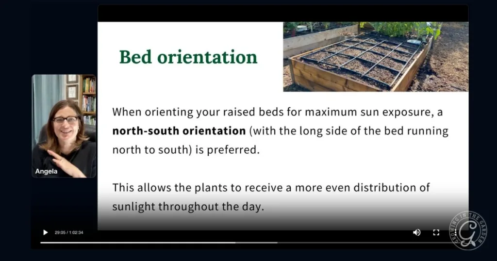 A slide from Growing in the Garden Academy features a woman speaking about bed orientation, with a raised garden bed in sunlight and a grid pattern.