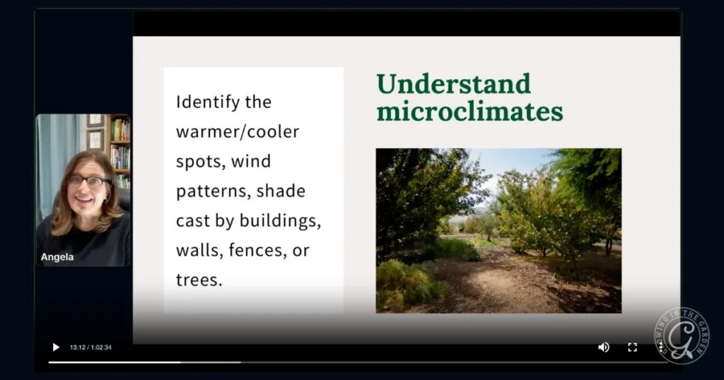 A woman from Growing in the Garden Academy presents a slide about understanding microclimates, showing trees and shaded garden areas.