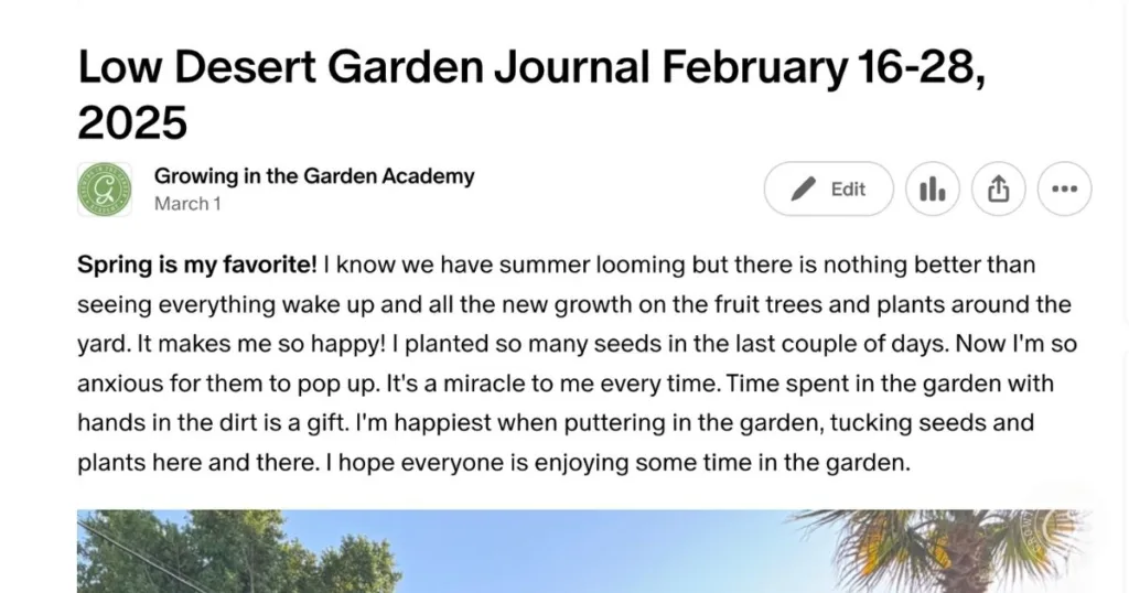 A journal entry about spring gardening, featuring a brief update and a blue sky with palm trees at the bottom, inspired by tips from Growing in the Garden Academy.