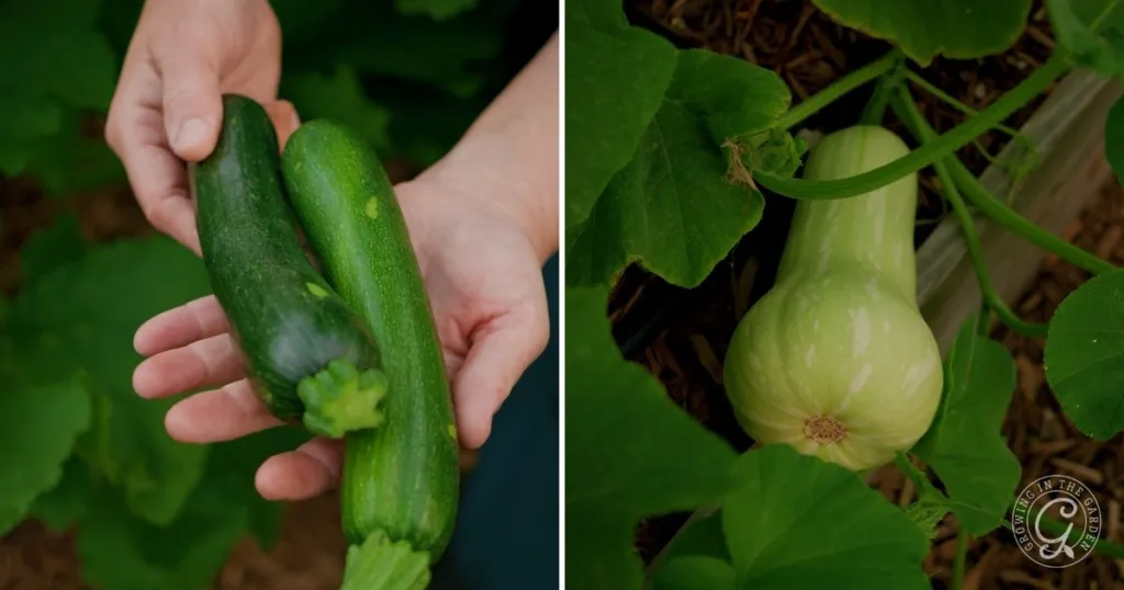 Left: Hand holding zucchinis, a popular choice when learning how to grow summer squash. Right: Butternut squash growing on a plant among green leaves.
