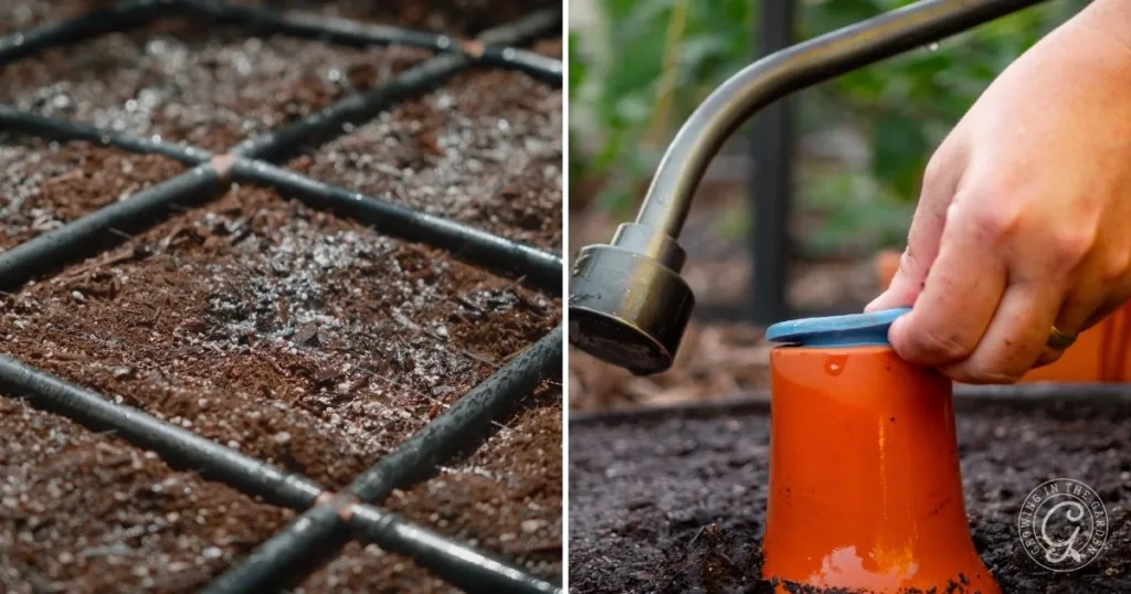 Closeup of a gridded garden bed with soil and a hand watering around an overturned orange pot, showing how to prevent plants wilting by knowing when to water in hot weather.